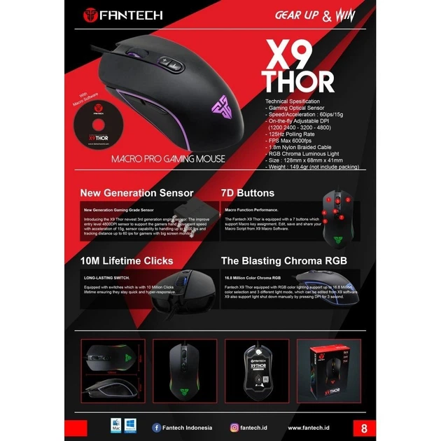 Ігрова комп'ютерна миша Fantech X9 Thor USB з RGB c підсвічуванням 1.8м DPI 4800 Програмована Black - зображення 10