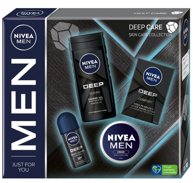 Набір Nivea Men Deep Care Антиперспірант 50 мл + Універсальний крем 75 мл + Гель для душу 250 мл + Антибактеріальна вода після гоління 100 мл (9005800373560) - зображення 1