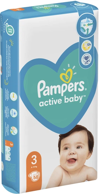 Подгузники Pampers Active Baby Размер 3 (Midi) 6-10 кг 58 шт (8001090949707) - Фото 3 Подгузники Pampers Active Baby Размер 3 (Midi) 6-10 кг 58 шт (8001090949707) - изображение 3