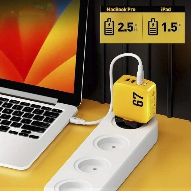 Мережевий зарядний пристрій Veron TC-67 (67 Вт, PD, QC 3.0, x2 USB Type-C, USB Type-A, блок живлення, 3A, з індикатором, швидка зарядка) - Жовтий - зображення 5