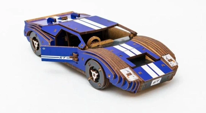 Деревянный 3D конструктор PuzzleOk спортивная машина Ford GT40 синий цвет 164 детали - Фото 2 Деревянный 3D конструктор PuzzleOk спортивная машина Ford GT40 синий цвет 164 детали - изображение 2