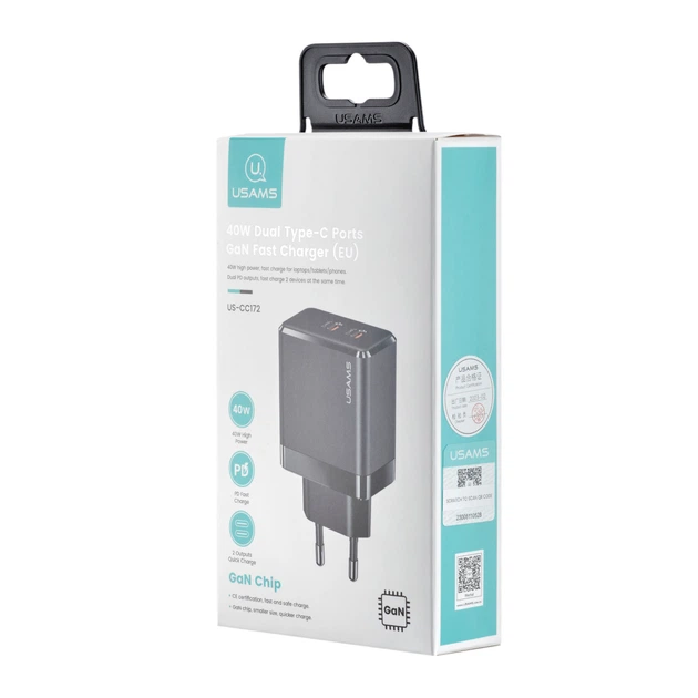 СЗУ USAMS CC172 T54 40W Dual Type-C Ports GaN Fast Charger (EU) Black - изображение 2