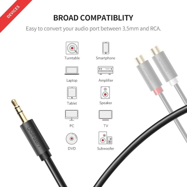 Перехідник-розгалужувач Ugreen 3.5 mm M / 2RCA F 20CM (YM812) - зображення 2