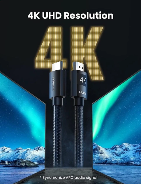 Высокоскоростной HDMI шнур кабель UGREEN 4K HDMI 2.0 в нейлоновой оплетке черный 1 м (YM855) - изображение 5