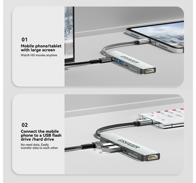 USB-хаб Essager 7 в 1 60W (Type-C 3.1 to 4K HDMI/ SD/TF Card/ PD Fast Charge) - зображення 5