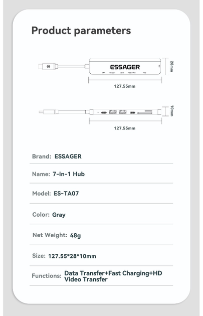 USB-хаб Essager 7 в 1 60W (Type-C 3.1 to 4K HDMI/ SD/TF Card/ PD Fast Charge) - зображення 9
