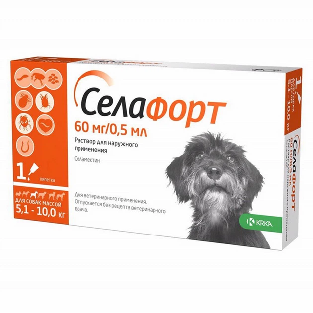 Капли Селафорт от блох клещей и гельминтов для собак весом 5-10кг - Фото 1 Капли Селафорт от блох клещей и гельминтов для собак весом 5-10кг - изображение 1