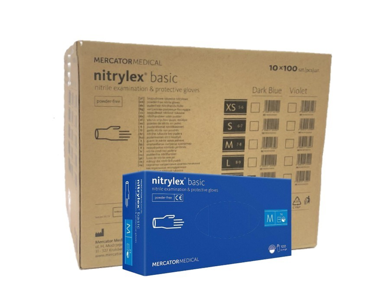 Перчатки синие Nitrylex basic нитриловые неопудренные М (ящик 10 пачок) - изображение 1