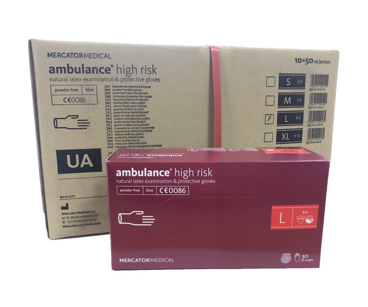 Перчатки синие Mercator Medical Ambulance high risk латексные неопудренные прочные L RD10011004 (Ящик 10 пачок) - изображение 1