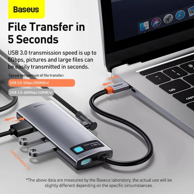 HUB адаптер BASEUS Type-C Metal Gleam Series 5-in-1 Multifunctional Docking Station |3USB, HDMI, Type-C, 100W PD| (CAHUB-CX0G) - изображение 9