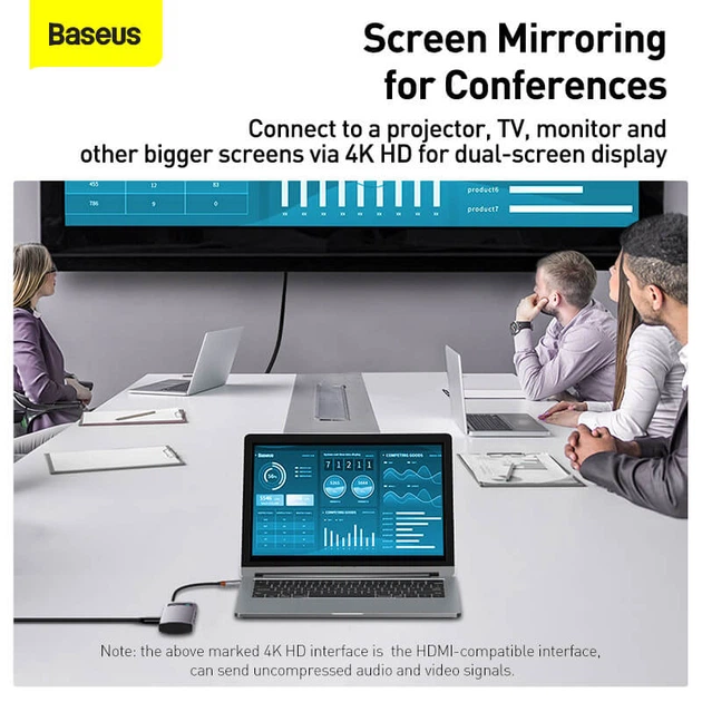 HUB адаптер BASEUS Type-C Metal Gleam Series 5-in-1 Multifunctional Docking Station |3USB, HDMI, Type-C, 100W PD| (CAHUB-CX0G) - изображение 10