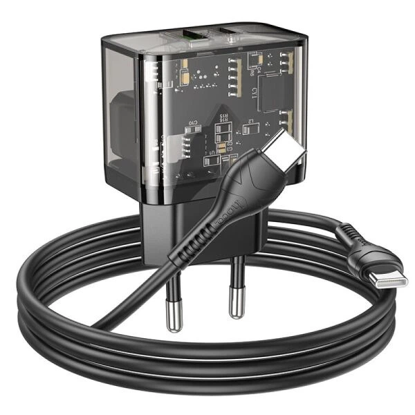 Сетевое зарядное устройство Hoco N34 Dazzling PD20W+QC3.0 + кабель Type-C to Type-C - Transparent Black - изображение 5