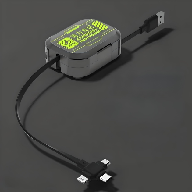 Універсальний зарядний кабель рулетка 3в1 100W: USB, Type-C, Lightning, MicroUSB - компактний, чорний - зображення 6