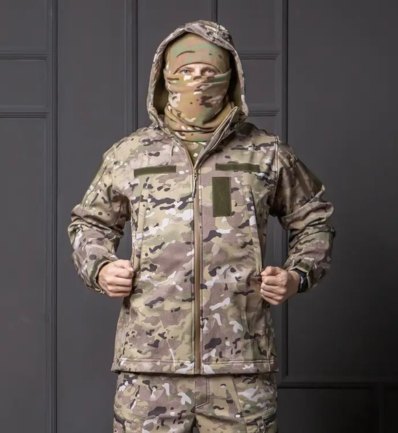Чоловіча куртка Softshell мультикам з капюшоном та липучками під шеврони водонепроникна S - зображення 1