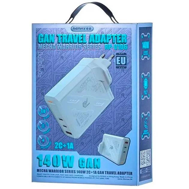 Зарядне мережеве Remax RP-U106 Mecha Warrior GaN 140W 2Type-C/1USB швидка зарядка для смартфонів, навушників, смарт-годинників Android Apple Надшвидкий зарядний пристрій Білий - зображення 2