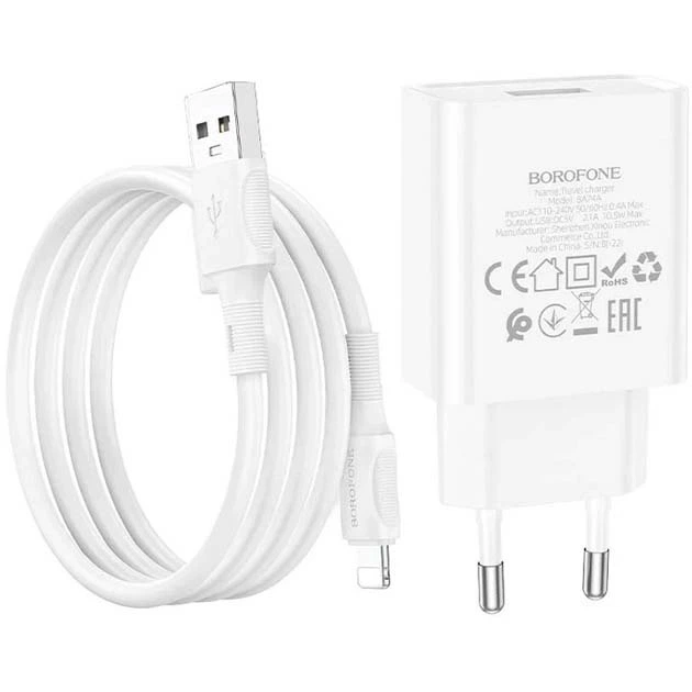 Зарядне мережеве BOROFONE BA74A Aspirer (1USB 2.1A) Lightning для iOS пристроїв iPhone Білий - Фото 1 Зарядне мережеве BOROFONE BA74A Aspirer (1USB 2.1A) Lightning для iOS пристроїв iPhone Білий - изображение 1