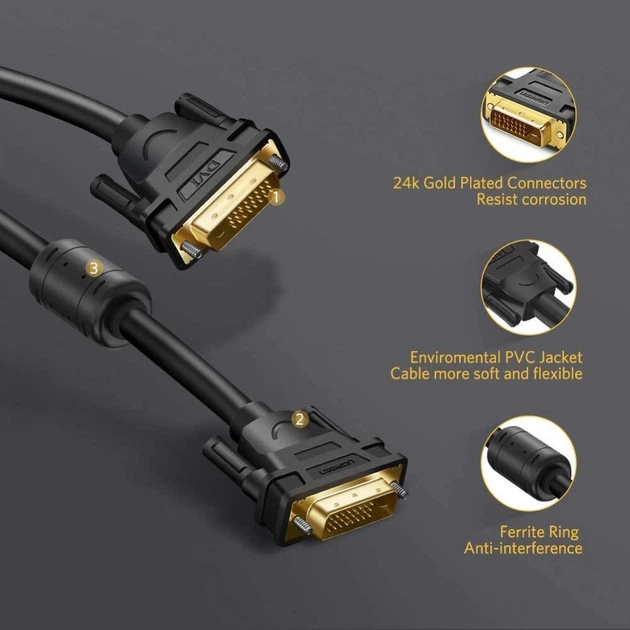Двоканальний цифровий відеокабель Ugreen DVI-D 24+1 для DVD, ноутбуків, HDTV і проєкторів 2 м Black (YM1038) - зображення 7