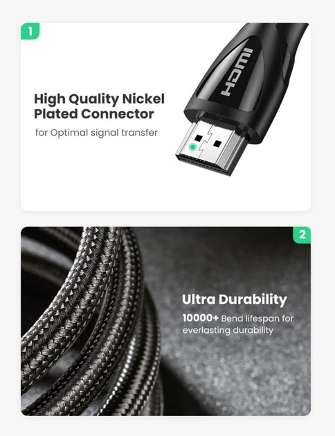 Кабель відео Ugreen HDMI 2.1 8K 3D 48Gbps HDR 0.5М Black (YM1152) - зображення 8