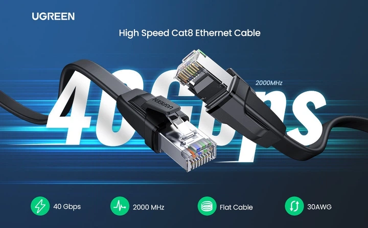 Патч корд Ugreen сетевой кабель 40 Гбит\с 2000 МГц Ethernet RJ45 Cat 8 плоский 1М Black (YM1153) - изображение 8