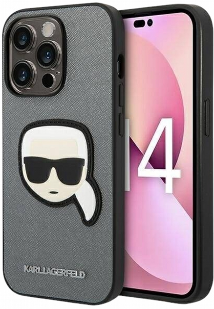 Etui CG Mobile Karl Lagerfeld Saffiano Karl Head Patch do Apple iPhone 14 Pro Srebrny (3666339077099) - obraz 1