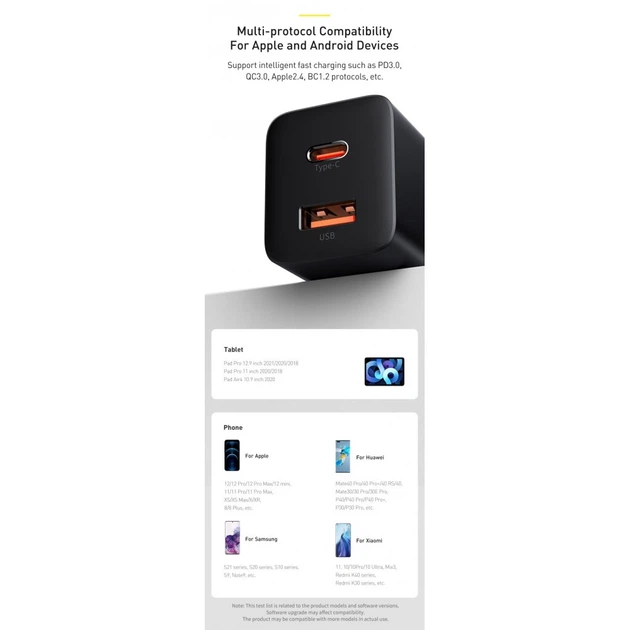 Сетевое зарядное устройство Baseus Super Si Pro Quick Charger Type-C+USB 30W Black - изображение 6