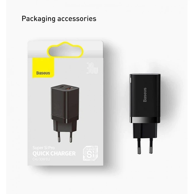 Сетевое зарядное устройство Baseus Super Si Pro Quick Charger Type-C+USB 30W Black - изображение 8