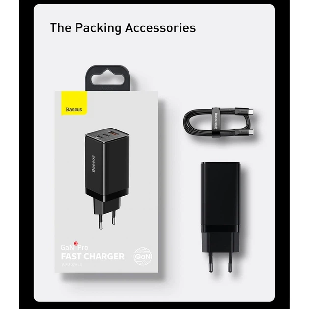 Мережевий зарядний пристрій BASEUS GaN3 Pro Fast Charger 2C+U 65W Black - зображення 7