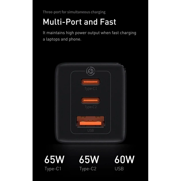 Мережевий зарядний пристрій BASEUS GaN3 Pro Fast Charger 2C+U 65W Black - зображення 12