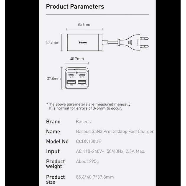Сетевое зарядное устройство BASEUS GaN3 Pro 100W (2 Type-C + 2 USB) - изображение 14