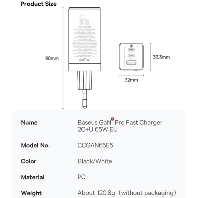 Сетевое зарядное устройство BASEUS GaN5 Pro Fast Charger 2C+U 65W Black - Фото 4 Сетевое зарядное устройство BASEUS GaN5 Pro Fast Charger 2C+U 65W Black - изображение 4
