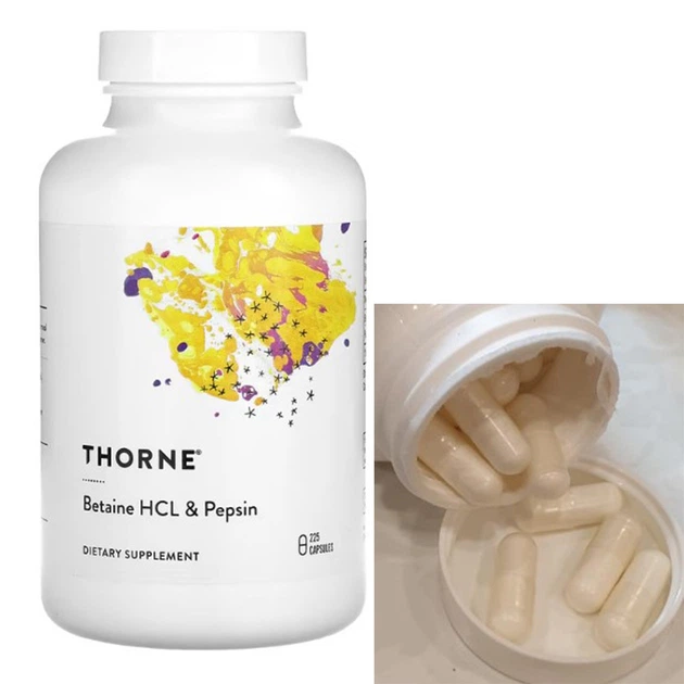 Бетаїн гідрохлорид та пепсин Thorne Research Betaine HCL & Pepsin 225 caps - зображення 2