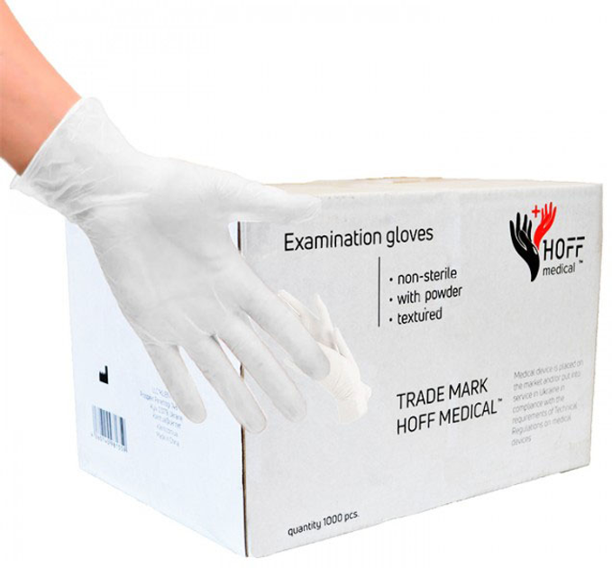 Перчатки латексные припудренные Hoff Medical Размер L 500 пар Белые (OP_9100127) - изображение 1