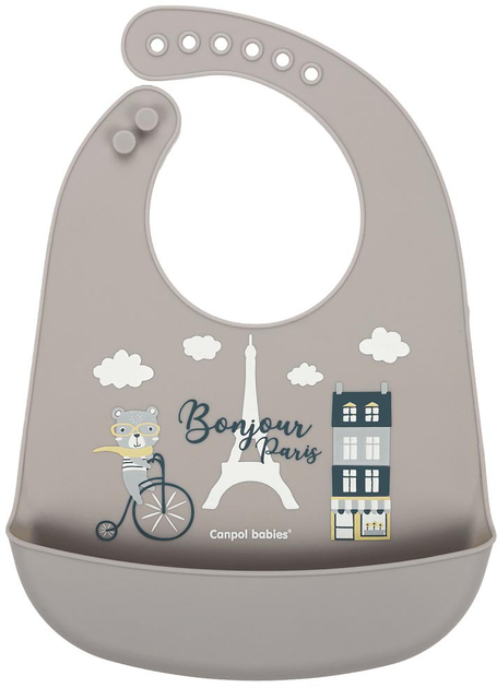 Силіконовий нагрудник із кишенею Canpol Babies Bonjour Paris бежевий (5901691852341) - зображення 1