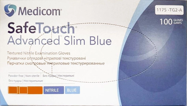 Перчатки смотровые нитриловые текстурированные, нестерильные Medicom SafeTouch Advanced Slim Blue неопудренные 3 г 50 пар № XS (1175P2-A) - изображение 1