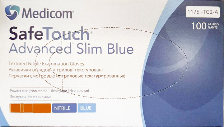 Перчатки смотровые нитриловые текстурированные, нестерильные Medicom SafeTouch Advanced Slim Blue неопудренные 3 г 50 пар № L (1175P2-D) - изображение 1