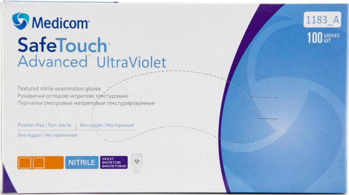 Перчатки смотровые нитриловые нестерильные, текстурированные Medicom SafeTouch Advanced Violet неопудренные 3.4 г фиолетовые 50 пар № XS (1183/XS) - изображение 1