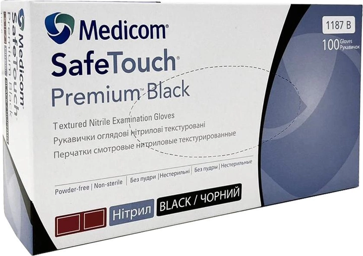 Перчатки смотровые нитриловые текстурированные, нестерильные Medicom SafeTouch Premium Black неопудренные 5 г черные 50 пар № M (1187H-C) - изображение 1