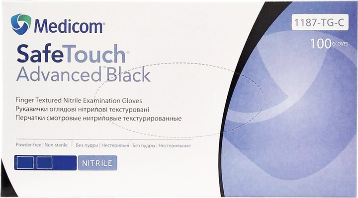 Перчатки смотровые нитриловые текстурированные, нестерильные Medicom SafeTouch Advanced Black неопудренные 3.3 г черные 50 пар № XL (1187P-E) - изображение 1
