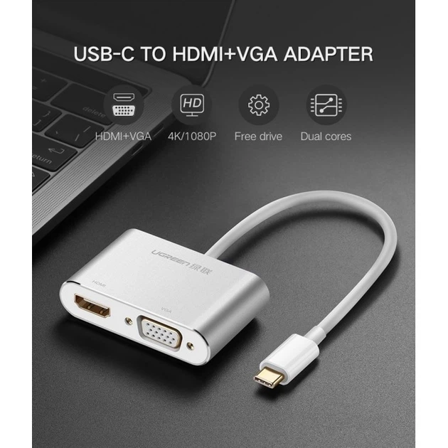 Адаптер переходник Ugreen USB Type-C to HDMI VGA White (YM1062) - Фото 7 Адаптер переходник Ugreen USB Type-C to HDMI VGA White (YM1062) - изображение 7