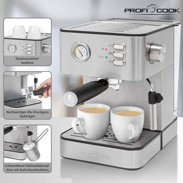 Кофемашина для дома с капучинатором Profi Cook PC-ES 1209 850 Вт электрическая рожковая кофеварка для молотого кофе объем 1,8 л с аналоговым термометром - изображение 7