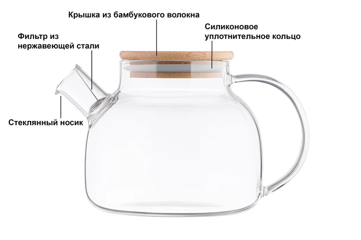 Стеклянный заварочный чайник (заварник) для чая и кофе с бамбуковой крышкой 600 мл - изображение 5