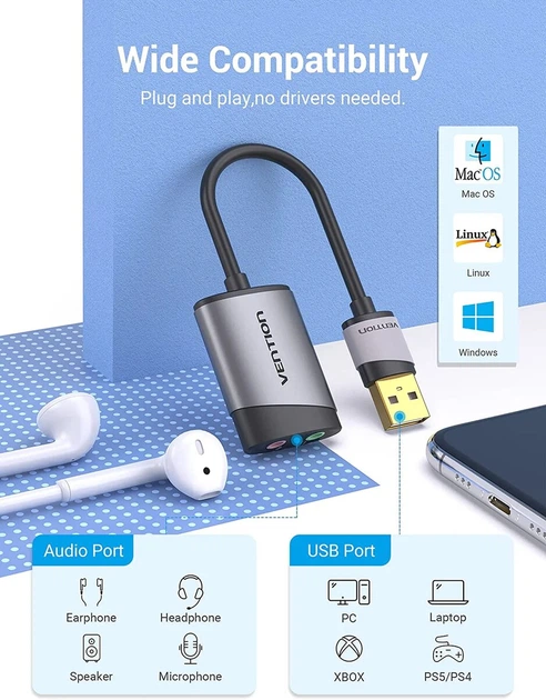 Звуковая карта Vention USB External Sound Card 0.15m Metal Type Grey (CDKHB) - изображение 3