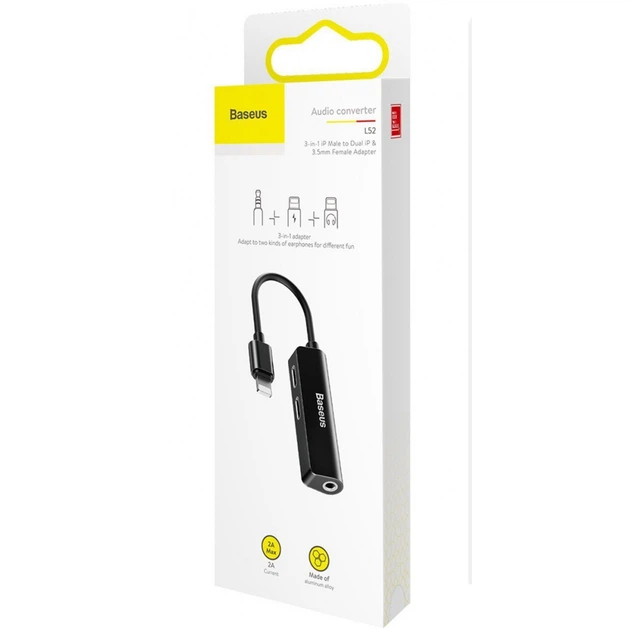 Перехідник AUX Baseus L52 Lightning to 2xLightning + 3.5mm black - Фото 2 Перехідник AUX Baseus L52 Lightning to 2xLightning + 3.5mm black - зображення 2