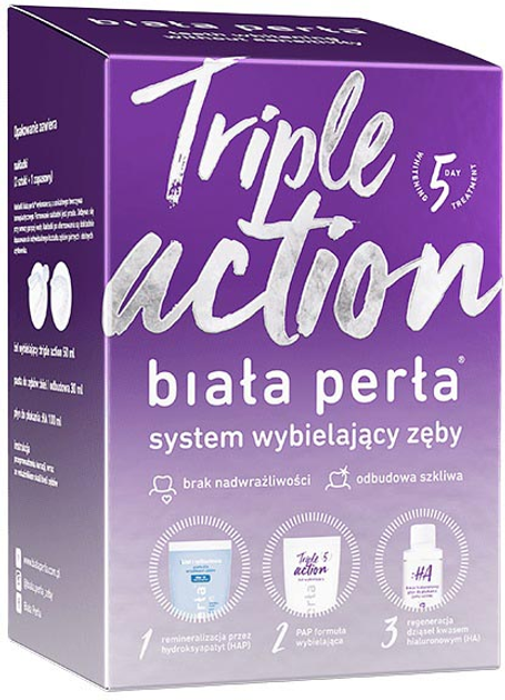 Zestaw Biała Perła pasta do zębów Triple Action do wybielania zębów w domu wybielająca 30 ml + wybielający 50 ml + płyn 100 ml (8588003659026) - obraz 1