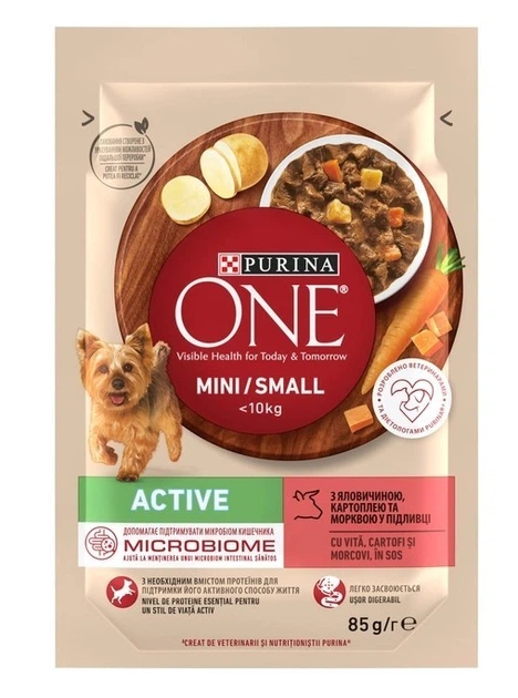 Влажный корм Purina One Mini Active для взрослых собак мелких пород с говядиной и картофелем, 85 г (2201451201) - Фото 1 Влажный корм Purina One Mini Active для взрослых собак мелких пород с говядиной и картофелем, 85 г (2201451201) - изображение 1