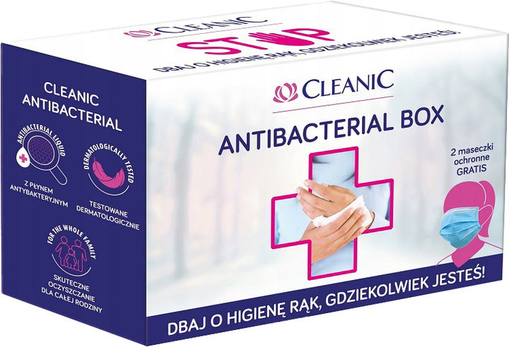 Zestaw CLEANIC Antibacterial Box chusteczki 3 opakowania + odświeżający żel do rąk 50 ml + jednorazowe maseczki ochronne 2 szt (5900095030218) - obraz 1