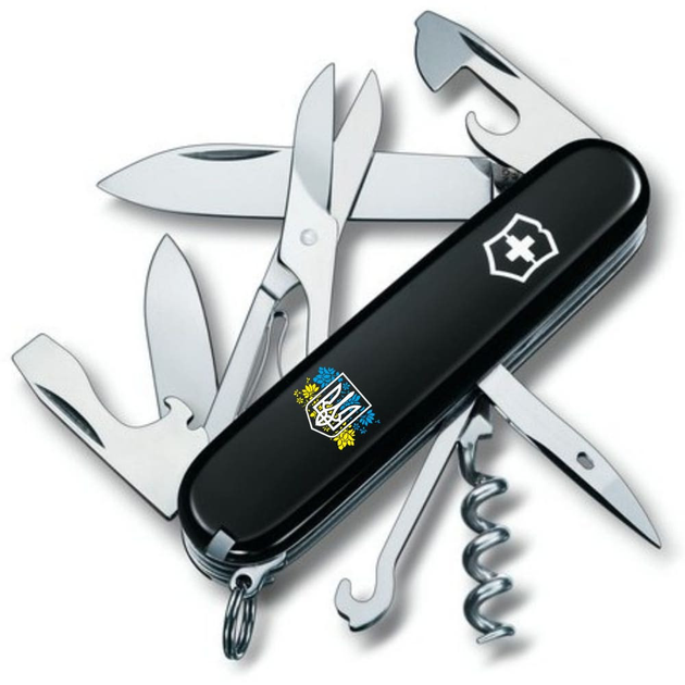 Ніж складаний 91 мм, 14 функцій Victorinox CLIMBER UKRAINE Чорний/Герб України з квітковим прапором - зображення 1