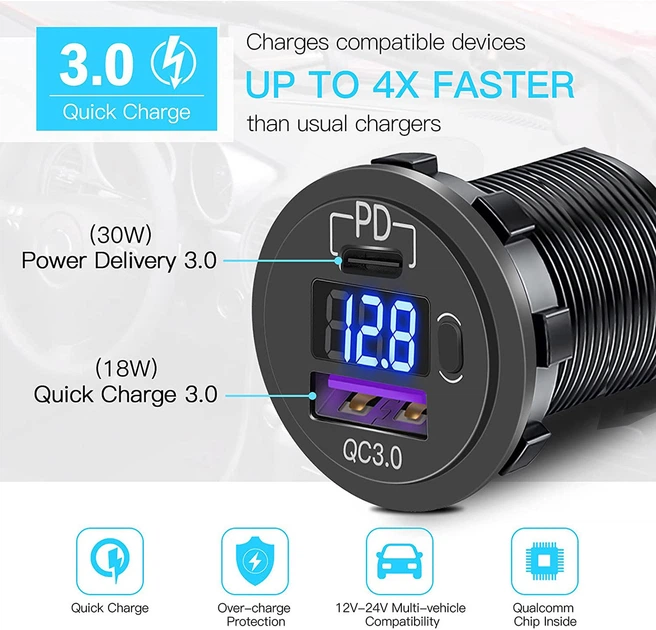 Врезная в панель авто зарядка с вольтметром USB + PD Type-C 12В-24В, QC 3.0 (быстрая зарядка) - Фото 3 Врезная в панель авто зарядка с вольтметром USB + PD Type-C 12В-24В, QC 3.0 (быстрая зарядка) - изображение 3
