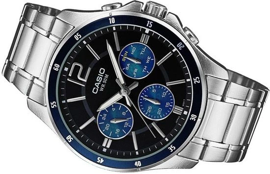 Черно-голубые мужские часы Casio MTP-1374D-2A с серебристым циферблатом. - изображение 5