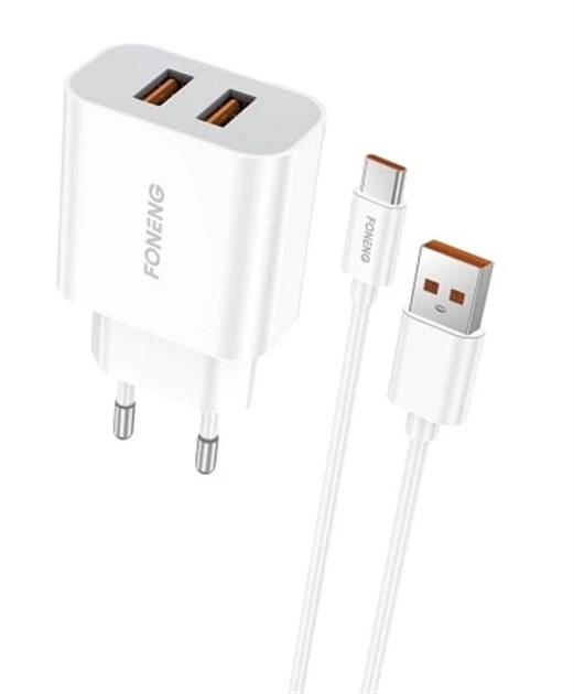 Сетевое зарядное устройство Foneng EU45 Dual USB Charger 12 Вт 2×USB 2,4 А + кабель USB Type-C(DL_76C8545EF21A) - Фото 1 Сетевое зарядное устройство Foneng EU45 Dual USB Charger 12 Вт 2×USB 2,4 А + кабель USB Type-C(DL_76C8545EF21A) - изображение 1